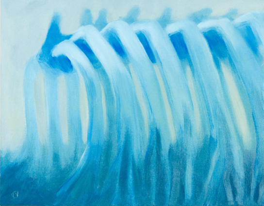 Surreal blue oil painting on canvas board of a close-up view of a rib cage lain on the soil, the bones touching the soil turned into roots.