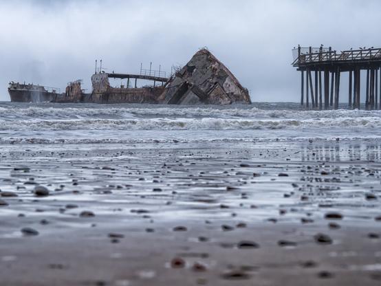 Low profile view of the concrete ship S.S. Palo Alto off the coast of Aptos, CA.