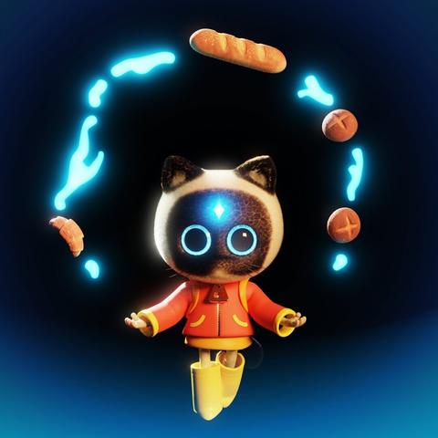 A 3D cartoon cat wearing a red raincoat and yellow boots, using magic abilities to control various types of bread that are floating around her.
