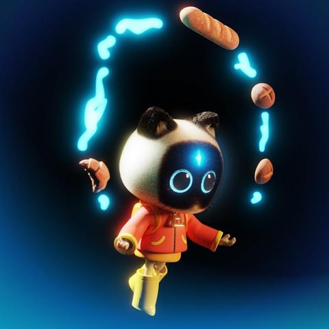 A 3D cartoon cat wearing a red raincoat and yellow boots, using magic abilities to control various types of bread that are floating around her.