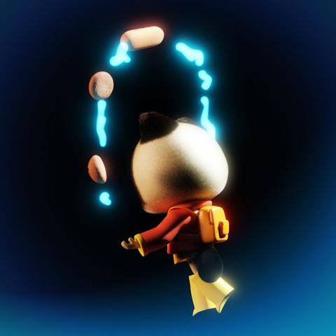 A 3D cartoon cat wearing a red raincoat and yellow boots, using magic abilities to control various types of bread that are floating around her.