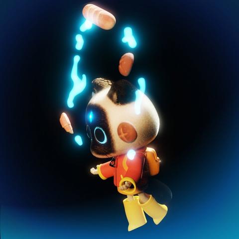 A 3D cartoon cat wearing a red raincoat and yellow boots, using magic abilities to control various types of bread that are floating around her.