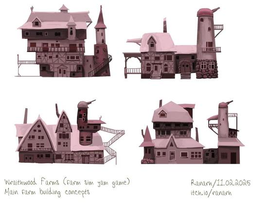 Four concept sketches of whimsical fantasy farm buildings
