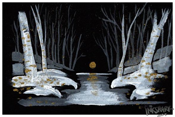 A monochrome painting on black paper of winter woods bisected by a stream leading into the distance, where a round golden orb hovers over the water. Maybe it's just me, but i think the orb looks kind of smug.