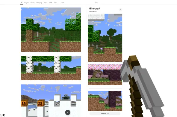 A screenshot of a google search page with multiple elements being replaced by a playable minecraft minigame instead of actual search results.

A big pickaxe is on the bottom right that can destroy blocks.