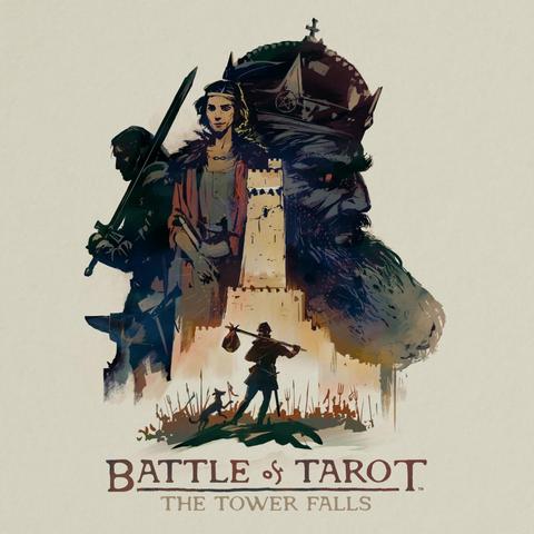Battle of Tarot: The Tower Falls key art. A person with bindle stares away from the viewer and looks up at a tall medieval tower. A mob has gathered in front of it with torches, pitchforks, and spears. Behind the tower a collage of 3 characters can be seen. A person resembling the tarot's Magician archetype, a man in armour holding a sword on his shoulder, and a large profile of a menacing looking king.
