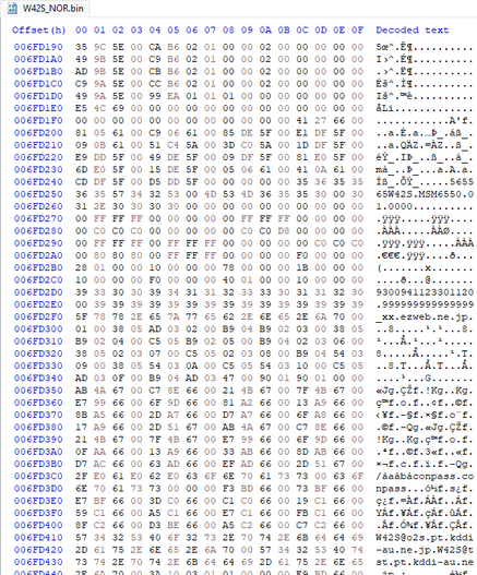Hex editor screenshot of the recently dumped Sony Ericsson W42S. Of note is the following text:
"565565W42S_MSM6550_01.0000 _xx.ezweb.ne.jp"