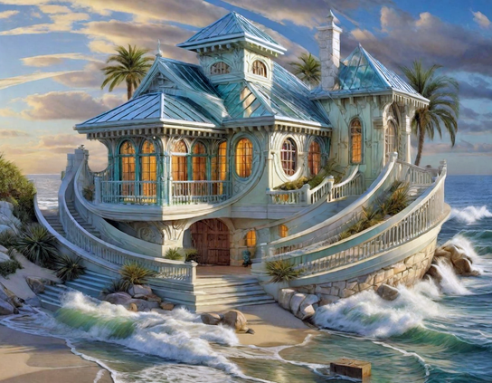 A whimsical ship-themed seaside mansion with blue roofs, white walls, and elegant curved staircases, surrounded by waves crashing against the shore under a dramatic sky.