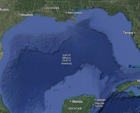 Map of Gulf of Mexico with the name 'Gulf of America' added as well.