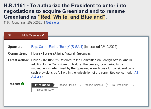 H.R.1161 – To authorize the President to enter into negotiations to acquire Greenland and to rename Greenland as “Red, White, and Blueland”.