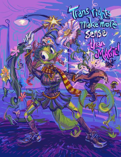 corny anthropomorphic plant being  with stereotypically female attributes wearing a boarding school uniform made for a smaller person, holding a brown pointy hat with one hand a star-shape-ended magic wand in the other hand, gesturing as if magically pulling a large flower out of the hat, beside text stating "Trans rights make more sense than Magic!"  the background attempted to imply an interstate highway without any proper reference usage