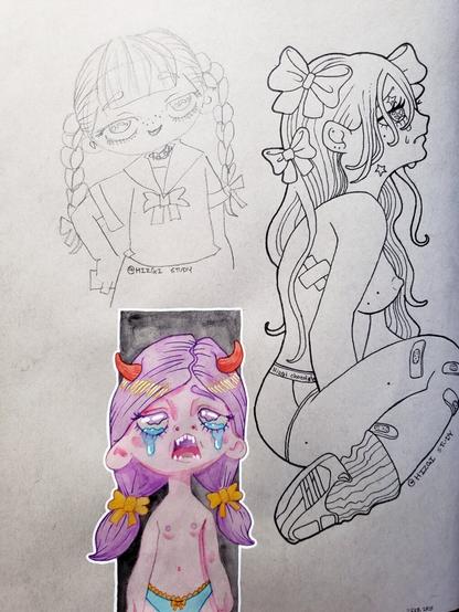 Three images ranging in quality from pencil sketch, to inked line art, to full render depicting "kawaii" style portraits of young women
