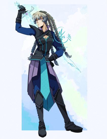 A woman, Nimue, standing with one hand on her hip and the other holding a sword behind her back. Nimue is dressed in black leather armour with draping cloth in blues and purples and her light hair is tied in four braids that cascade behind her. Her sword is made of ice that is in a constant state of melting and evaporating at the same time.