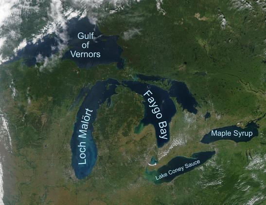 "A satellite image of the Great Lakes region in North America with humorous, regionally inspired labels replacing the traditional lake names. The labels include 'Gulf of Vernors' for Lake Superior, 'Loch Malört' for Lake Michigan, 'Faygo Bay' for Lake Huron, 'Lake Coney Sauce' for Lake Erie, and 'Maple Syrup' for Lake Ontario. The names reference well-known Midwestern foods and drinks, such as Vernors ginger ale, Malört liqueur, Faygo soda, coney sauce from Detroit-style hot dogs, and maple syrup, commonly associated with Canada and the northern U.S.