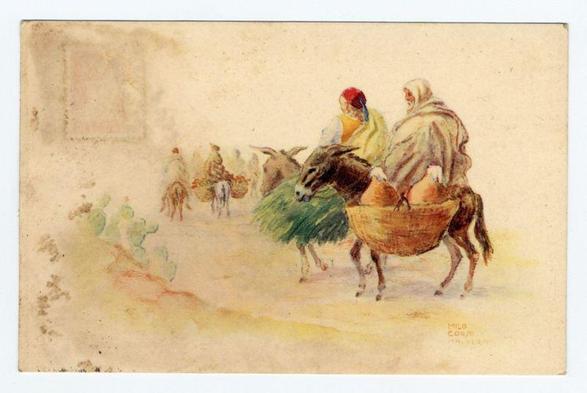 This image is a watercolor painting depicting two individuals traveling in what appears to be a desert or arid region. They are seated on the back of a camel, which has dark brown fur and carries them along a path with sparse vegetation around.

The person at the front wears a red headscarf over their hair, yellow garment, green skirt, and is carrying a large basket atop the camel's hump. The individual behind them dons a beige or light-colored robe that covers most of their body, suggesting clothing typical for hot climates to protect against sun exposure.

In the background, there are several figures walking away from the viewpoint, possibly other travelers or locals going about their daily activities in this region. These figures wear similar attire and head coverings as those on the camel.

The painting is signed "MILO CORTO" at the bottom right corner, indicating it was created by Milo Corto, a British artist known for his work during travels around Africa and Asia in the late 19th century to early 20th century. The style of clothing suggests that this scene might be set somewhere in North Africa or Middle East.

The overall color palette is warm with earthy tones dominating the composition, reflecting both the subjects' attire and their surroundings. There are also hints of green from plants on either side of the path they're traveling along, adding a touch of life to an otherwise dusty landscape. The painting capt [...]