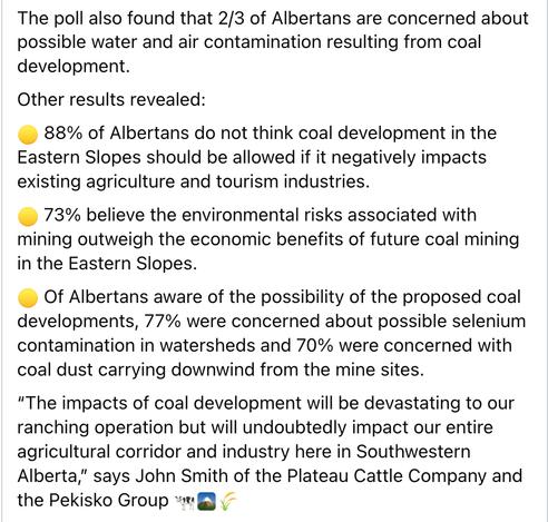 CONTENT: The poll also found that 2/3 of Albertans are concerned about possible water and air contamination resulting from coal development.

Other results revealed:

🟡 88% of Albertans do not think coal development in the Eastern Slopes should be allowed if it negatively impacts existing agriculture and tourism industries.

🟡 73% believe the environmental risks associated with mining outweigh the economic benefits of future coal mining in the Eastern Slopes.

🟡 Of Albertans aware of the possibility of the proposed coal developments, 77% were concerned about possible selenium contamination in watersheds and 70% were concerned with coal dust carrying downwind from the mine sites.

“The impacts of coal development will be devastating to our ranching operation but will undoubtedly impact our entire agricultural corridor and industry here in Southwestern Alberta,” says John Smith of the Plateau Cattle Company and the Pekisko Group 🐄🏔️🌾