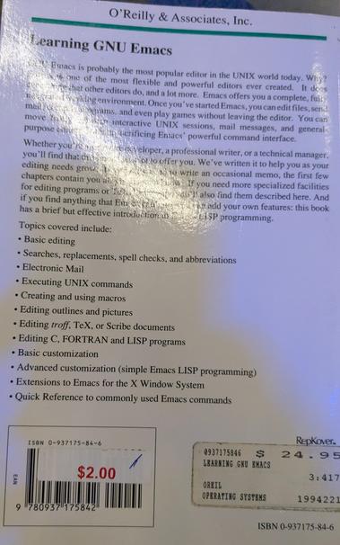 Back cover of the GNU Emacs, featuring the pei e $2 for a book that originally cost $24.95