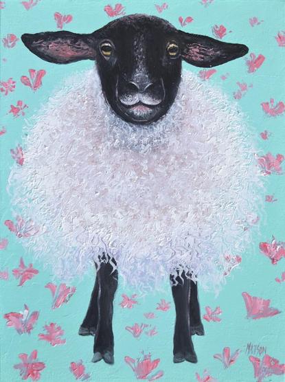 Oil painting of an Oberon Suffolk Sheep on a turquoise floral background. The sheep is facing the viewer with its long woolly coat and has a black face, ears that stand out horizontally and black legs. The background has pink flowers on turquoise.