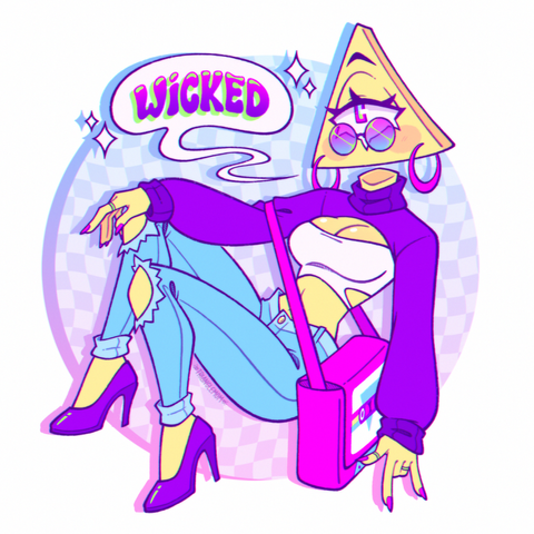 An illustration of a triangle objectheaded character in a sitting pose, arm resting over their knee while their free arm is at their side, their hand flashing an "I love you" gesture. They're wearing a keyhole crop-top sweater, ripped skinny jeans, heels, hoop earrings and round shades. They also have a bag around them, the front of it having a design meant to make the bag look like a cassette. Next to the character is a wavy speech bubble with the text "WICKED" in bold 70s bubble text. The background is a circle with a wavy checkered pattern on it.