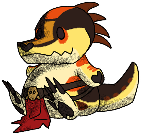 Cyrik, a male anthropomorphic crocodile, has been turned into an adorable Chumby Buddy! He has brown coloring with a cream and yellow muzzle. The lighter colors spill down to his belly, arms, legs, and underside of the tail. He also has accents of bright orange on his forehead, eyes, shoulders, and hips. He wears a red loincloth with a leather band around his waist.