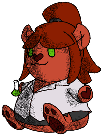 Maddy the Mad Scientist has not only been turned into a bear, but a Chumby Buddy! She has bright auburn fur with reddish hair tied back into a long ponytail. She wears a white lab coat and a black pencil skirt, all while holding a beaker with a strange green liquid in it.