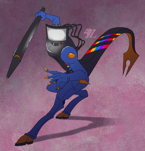 Menrva, my fan Persona representing the Sun arcanum. It is a humanoid creature with a flat-screen monitor for a head. This is attached to a plastic body and a long tail tipped with a large pen nib. It has blue arms and legs which seem to be sleeved in fabric. It leans in, ready to strike with a large pen stylus as a weapon, its feet tipped in metallic hooves. The monitor, torso, and tail have various lights on it, resembling the RGB lights on many modern computers.