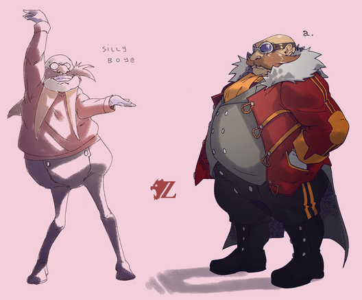 Two versions of Eggman/Dr. Robotnik from the "Sonic the Hedgehog" franchise. The first version is a sketch based off a dancer's elaborate pose. This pose, when adapted to Eggman's rotund body, has his body fat shifting here and there in uncomfortable ways. Yet he keeps a big smile on his mustachioed face. He wears a red jumper over a black body suit, with a long yellow collar. He is bald and wears round glasses and a large reddish mustache.

The other version is a reimagining of Eggman but in a sort of World War I-era outfit. He is still bald and has an amazing mustache, and is quite fat. However he wears a pair of pilot's goggles on his face, as well as a red bomber jacket with a white fur collar and yellow accents. Beneath the jacket he wears a gray tail coat with a yellow cravat tucked beneath it, as well as black military pants with yellow piping on the sides, all tucked into black leather boots.