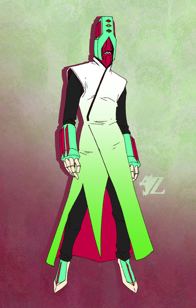 Third Eye Blind, a humanoid creature based on a mixture of styles from the "Shin Megami Tensei" and "Jojo's Bizarre Adventure" franchises. It is tall and slender in shape with a streamlined teal metallic case holding its head. The top of the case has three eyes, one red, one yellow, and one green. Beneath the eyes is an opening where a bright pink and fleshy face and toothy mouth are held within the case. It wears a fitted black suit beneath a long white sleeveless coat, which fades into a bright lime green the further down it goes. The coat doesn't show any buttons, zippers, or other fasteners, but somehow stays fitted and tailored to it. It forearms, hands, and feet are machine-like in shape, with teal and pink cases and bony white fingers and hoof-like feet, the same color as its teeth.