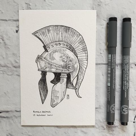 A group of three pen and ink studies of historical items, an ancient water vessel, armour and a Roman helmet. 
Sold together. All postcard size. 
Original art works Sold as a set only
Pen and ink on watercolour paper
10cm by 14.5cm (postcard size).
Sold unframed