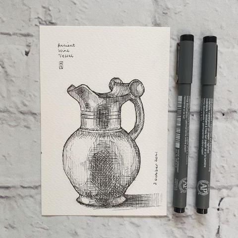 A group of three pen and ink studies of historical items, an ancient water vessel, armour and a Roman helmet. 
Sold together. All postcard size. 
Original art works Sold as a set only
Pen and ink on watercolour paper
10cm by 14.5cm (postcard size).
Sold unframed