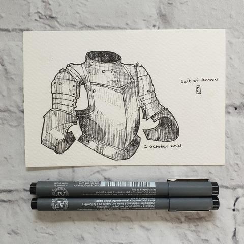 A group of three pen and ink studies of historical items, an ancient water vessel, armour and a Roman helmet. 
Sold together. All postcard size. 
Original art works Sold as a set only
Pen and ink on watercolour paper
10cm by 14.5cm (postcard size).
Sold unframed