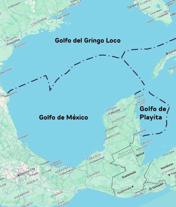 Map of the Gulf of Mexico that is split with the upper region labelled "Golfo del Gringo Loco" and the lower region "Golfo de Mexico"