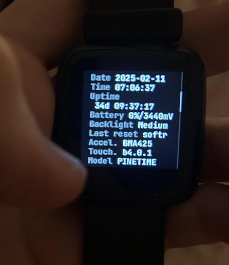 Photo of a PineTime (watch) 
On the logs we can see that the watch is running from 34 days, 09 hours, 37 minutes with 0% battery left and Backlight set to medium. 
A great performance.