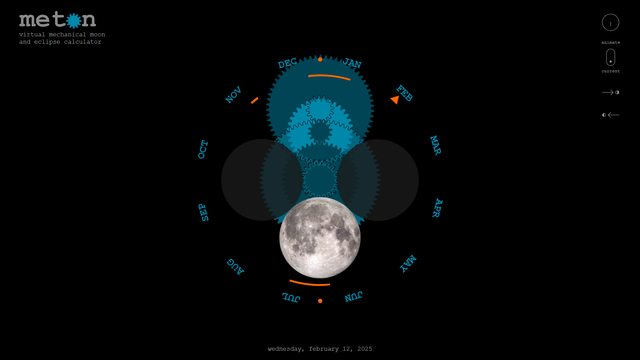 Web app Meton, the virtual mechanical lunar phase and eclipse calculator, screenshot showing full moon as of February 12, 2025.