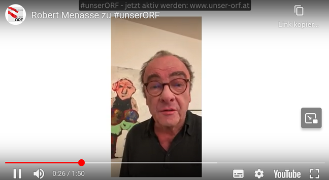 Screenshot Video-Statement von Robert Menasse auf Youtube zu #unserORF