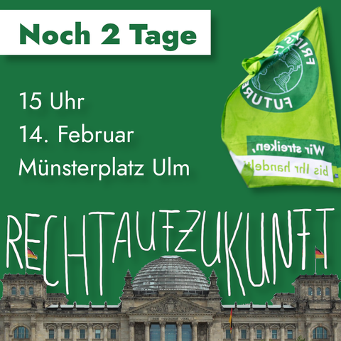 Aufruf zur Demo am 14.02.2025 um 15 Uhr in Ulm auf dem Münsterplatz unter dem Motto Recht auf Zukunft.