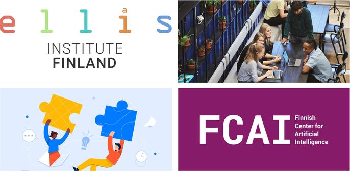 Text: ELLIS Institute Finland; photo of people with laptops sitting around a table; illustration of two human figures holding puzzle pieces; logo of Finnish Center for Artificial Intelligence FCAI