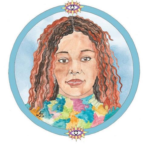 Crystal Palace is a young Black Woman with reddish black hair. She wears a colourful top and smiles at the viewer. There is a round frame around her with two mystically decorative eyes with rays.