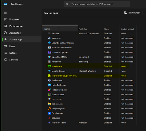 Screen shot of the startup apps in Windows Task Manager. Two entries here, which I've highlighted, relate to starting Edge. I disabled both and after rebooting there were no more errors.