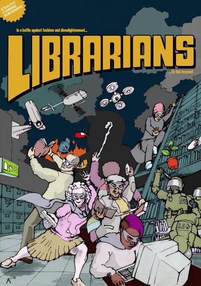 An illustration resembling to cover of comic book titled librarians. In the image a group of librarians in super hero poses fights drones, helicopters and a swat team.

Eine Illustration im Stil eines Comicbuchcovers mit dem Titel Librarians. Im Bild bekämpfen Bibliothekarinnen in Superheldenpose ein Sondereinsatzkommando, Hubschrauber, Dronen und Überwachungskameras.