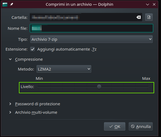 The image shows a screenshot of the Dolphin menu item "Compress" dialog box. I hiligheted the slider where you can set the compression rate, the one I want to set at max by default.
