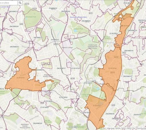 Map shows two affected areas. The restored area is from Kingswood to Streatham Common including a large part of West Norwood. The still affected area with no water is in a line stretching from the Thicket Road area of Penge, west of the railway through Laweie Park, Dartmouth Road area to Honor Oak