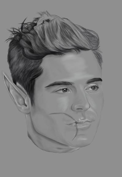 A work in progress piece in my signature high-low style, featuring a portrait of young man with a scar across one side of his cheek and lip. His hair is not yet finished, but hints at being black when complete.