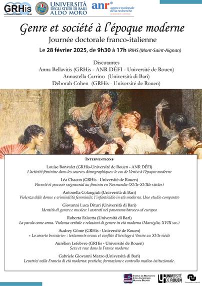 Programme de l'affiche de la journée d'études "Genre et société à l'époque moderne", qui aura lieu le 28 février 2025 à l'université de Rouen Normandie.