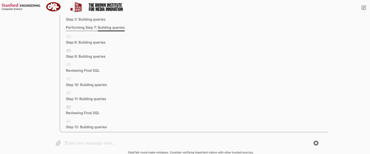 Screenshot of the DataTalk tool where it is displaying the various steps being taken to process your query.