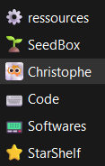 Screenshot of 6 pinned folders in windows 10. The list goes like this :
⚙ Ressources
🌱SeedBox
☁ Christophe
⌨ Code
📟 Softwares
⭐StarShelf