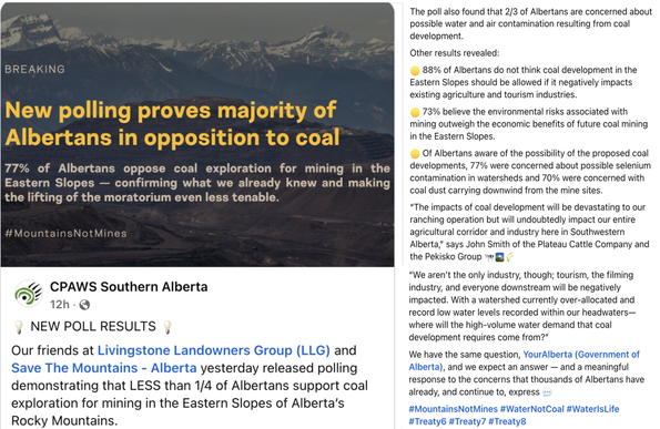 Image of the Rocky Mountains and screenshot of an FBook post from CPAWS Southern Alberta that reads "💡 NEW POLL RESULTS 💡
Our friends at Livingstone Landowners Group (LLG) and Save The Mountains - Alberta yesterday released polling demonstrating that LESS than 1/4 of Albertans support coal exploration for mining in the Eastern Slopes of Alberta’s Rocky Mountains."

The poll also found that 2/3 of Albertans are concerned about possible water and air contamination resulting from coal development.

Other results revealed:

🟡 88% of Albertans do not think coal development in the Eastern Slopes should be allowed if it negatively impacts existing agriculture and tourism industries.

🟡 73% believe the environmental risks associated with mining outweigh the economic benefits of future coal mining in the Eastern Slopes.

🟡 Of Albertans aware of the possibility of the proposed coal developments, 77% were concerned about possible selenium contamination in watersheds and 70% were concerned with coal dust carrying downwind from the mine sites.

“The impacts of coal development will be devastating to our ranching operation but will undoubtedly impact our entire agricultural corridor and industry here in Southwestern Alberta,” says John Smith of the Plateau Cattle Company and the Pekisko Group 🐄🏔️🌾