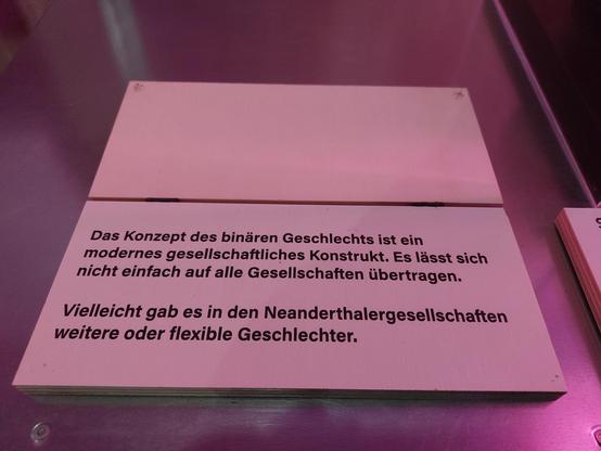 Die Holztafel zum Aufklappen vom Bild davor, jetzt offen: "Das Konzept des binären Geschlechts ist ein modernes gesellschaftliches Konstrukt. Es lässt sich nicht einfach auf alle Gesellschaften übertragen. Vielleicht gab es in den Neanderthalgesellschaften weitere oder flexible Geschlechter."