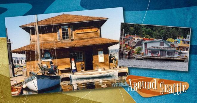 The Center for Wooden Boats and the Sleepless in Seattle houseboat, against a blue and gold background with the Around Seattle logo in the lower right.