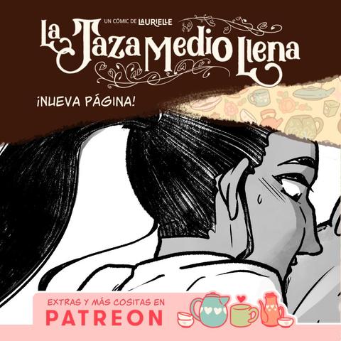 Imagen promocional del webcómic La taza medio llena con un trozo de una viñeta